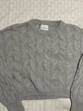 Pink Rose Gray Cable-Knit Crewneck Sweater